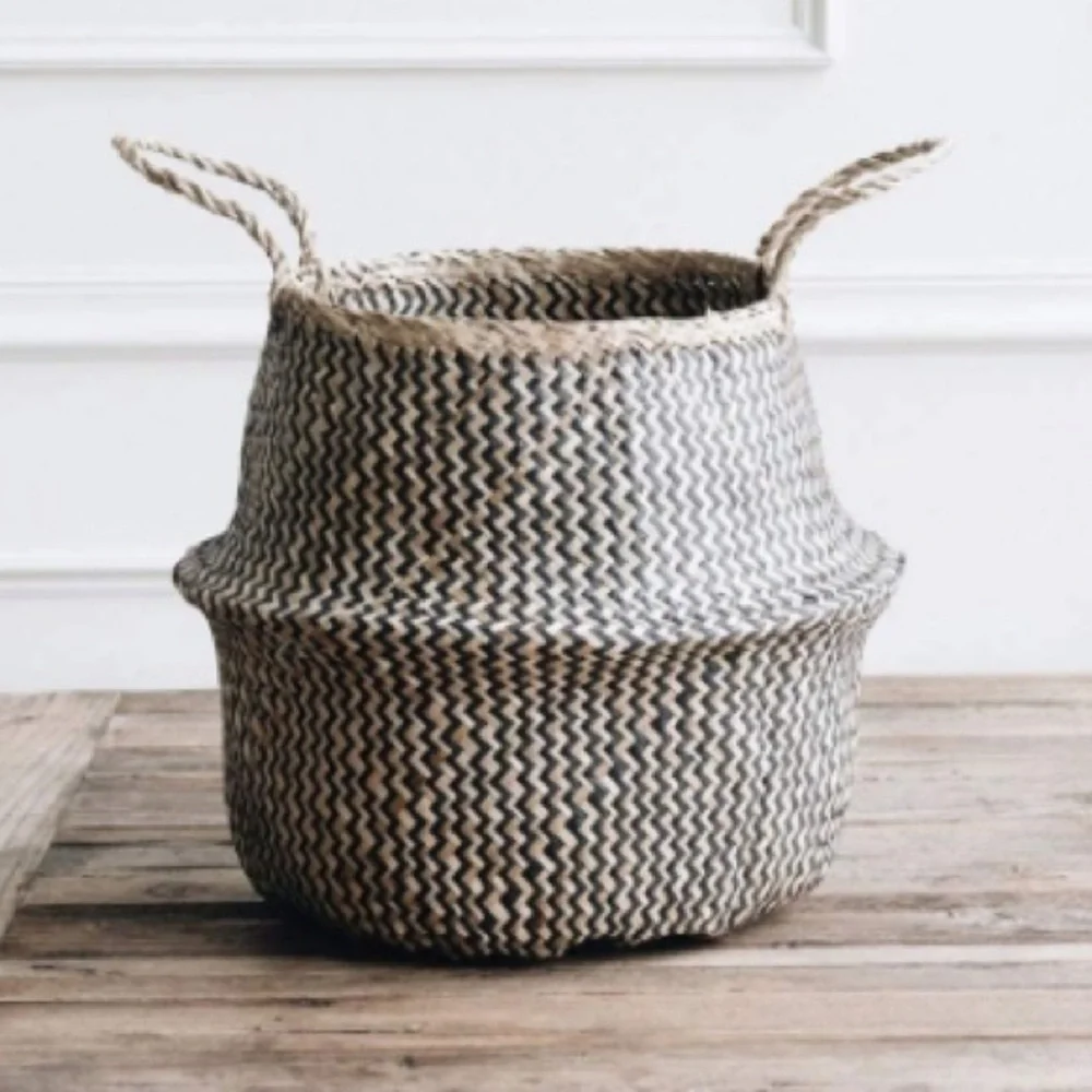 Luxury Home | Boho Chic Black & Natural Beige Woven Seagrass Storage Basket
